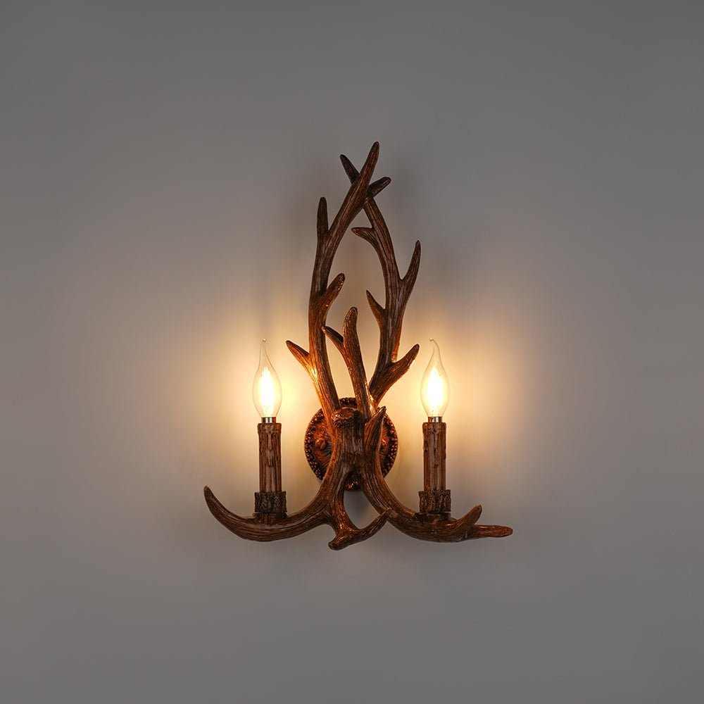 LightfixturesUAE-Country Rustic Deer Antler Two Candle Style Wall Sconce-Wall Lights-Brown-