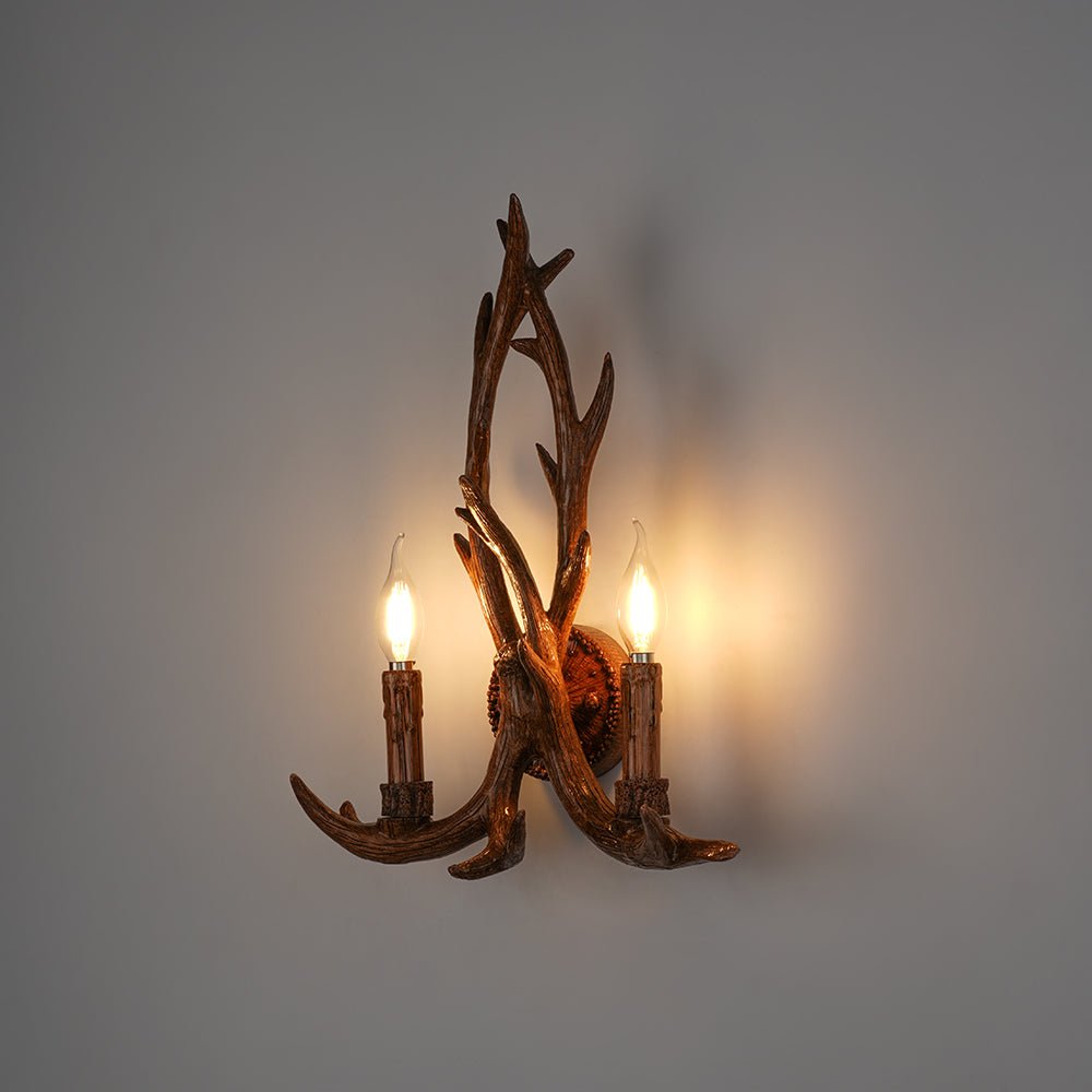 LightfixturesUAE-Country Rustic Deer Antler Two Candle Style Wall Sconce-Wall Lights-Brown-