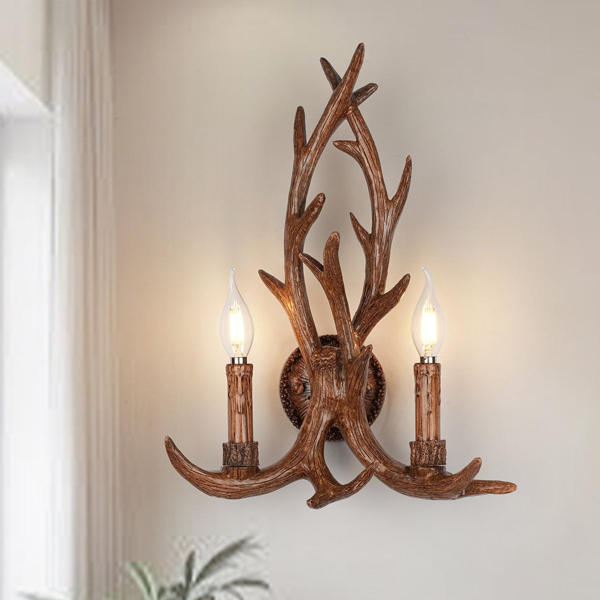 LightfixturesUAE-Country Rustic Deer Antler Two Candle Style Wall Sconce-Wall Lights-Brown-