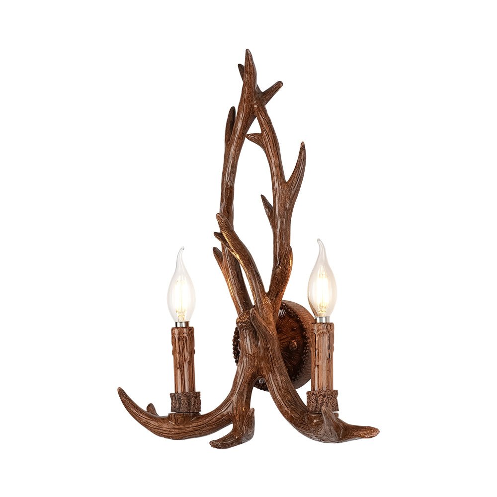 LightfixturesUAE-Country Rustic Deer Antler Two Candle Style Wall Sconce-Wall Lights-Brown-
