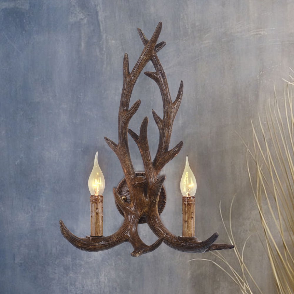 LightfixturesUAE-Country Rustic Deer Antler Two Candle Style Wall Sconce-Wall Lights-Brown-