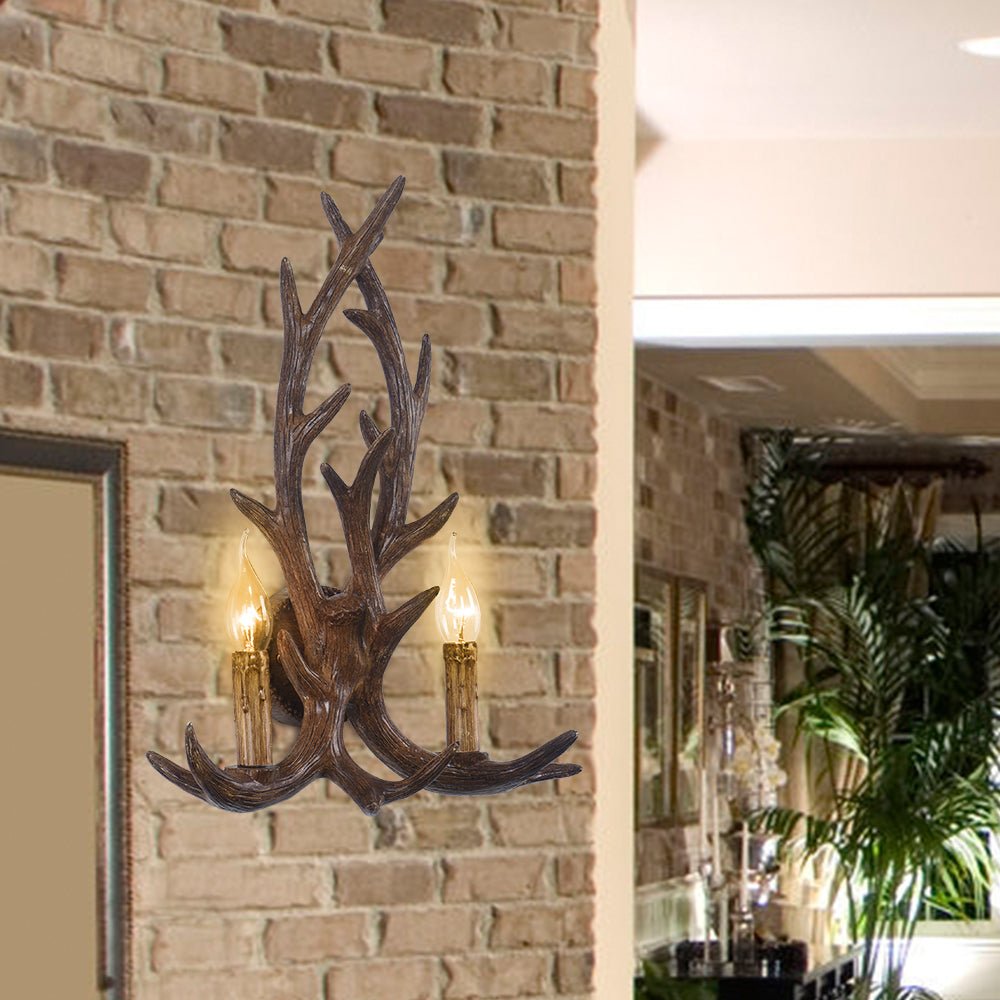 LightfixturesUAE-Country Rustic Deer Antler Two Candle Style Wall Sconce-Wall Lights-Brown-