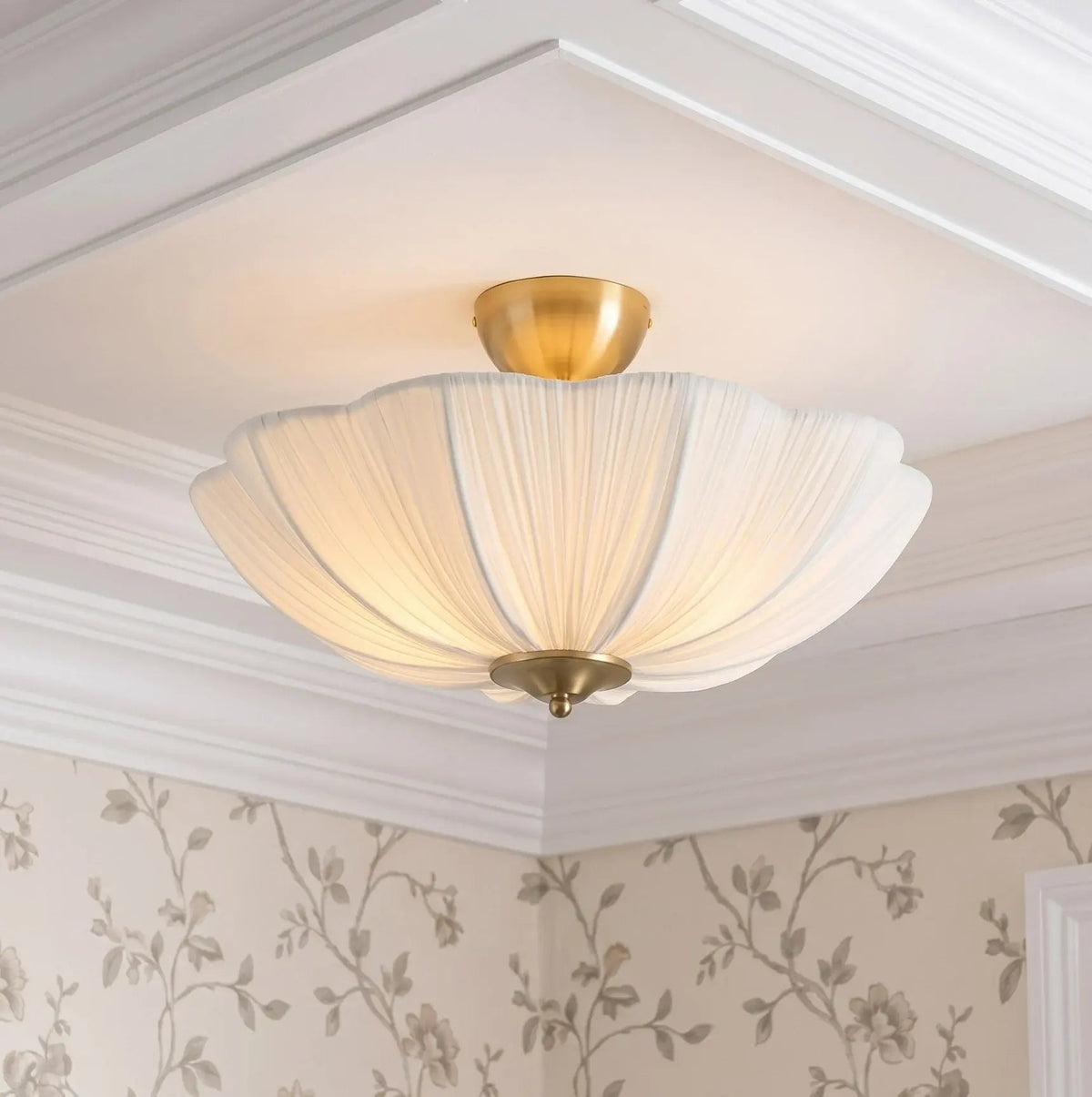 LightfixturesUAE-French Boho Pleated Flower White and Brass Fabric Semi Flush Mount-Ceiling Lights-Brass-