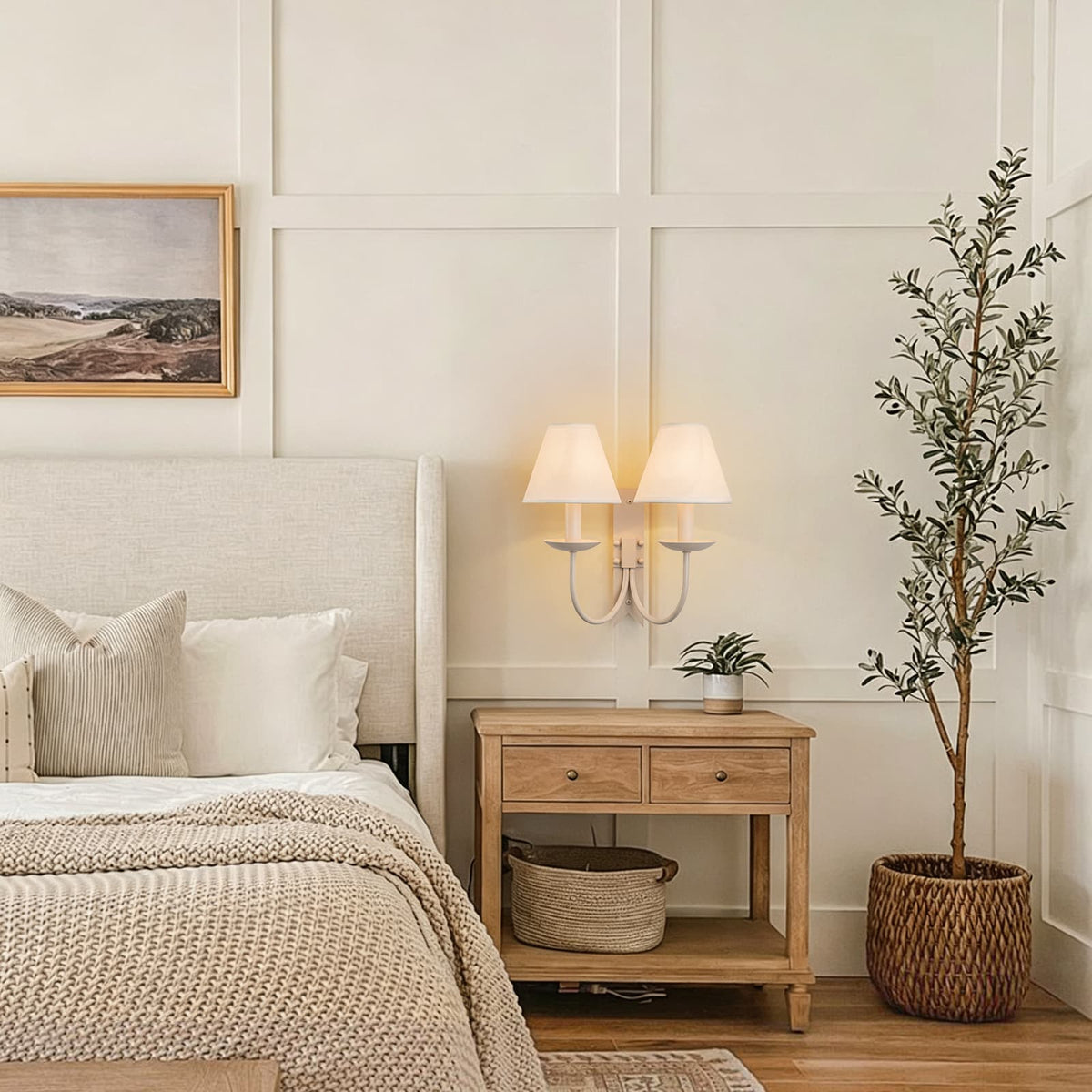 LightfixturesUAE-French Cream 2-Light Tapered Linen Fabric Shade Wall Sconce-Wall Lights-Cream-