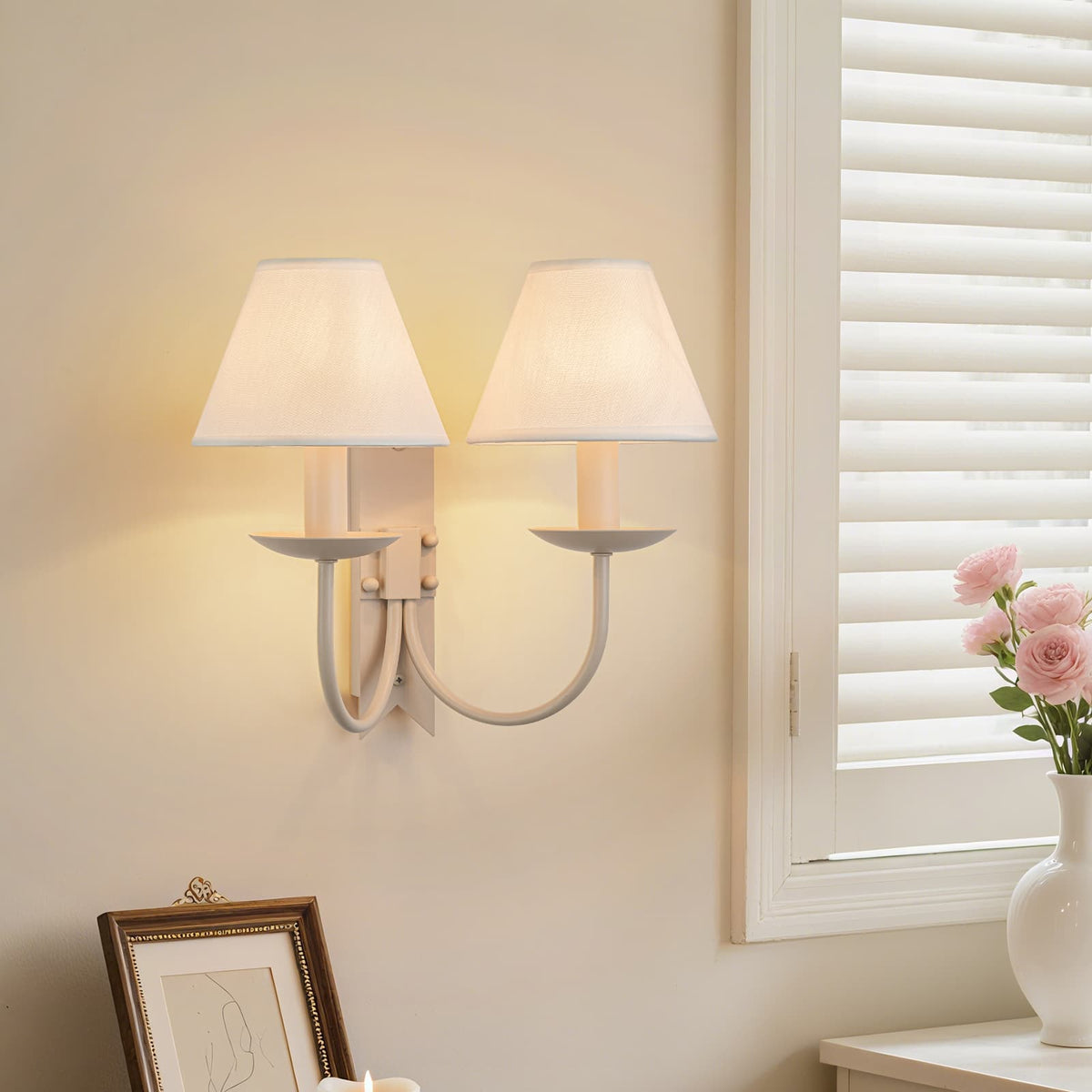 LightfixturesUAE-French Cream 2-Light Tapered Linen Fabric Shade Wall Sconce-Wall Lights-Cream-