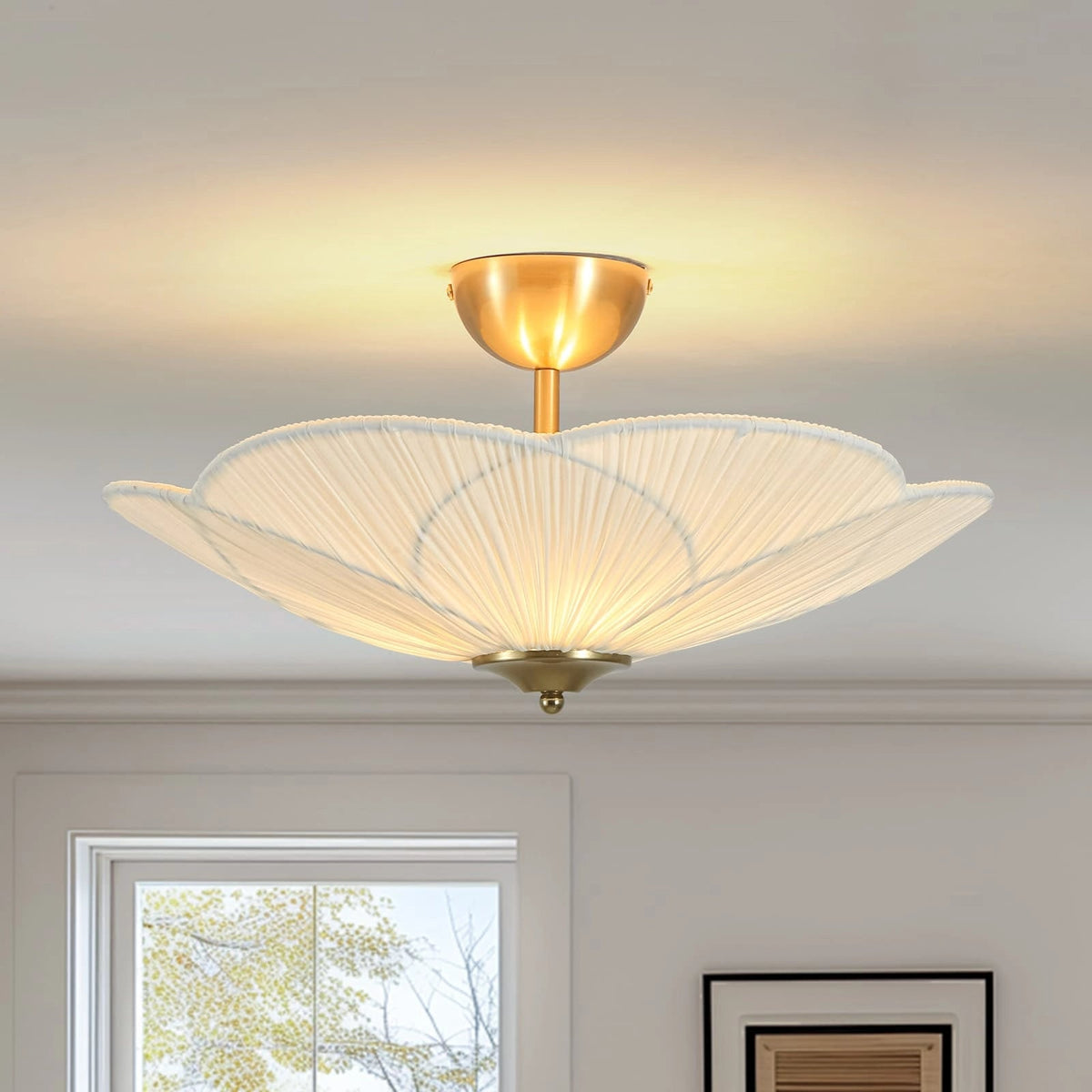 LightfixturesUAE-French Elegance Fabric Petal Shaped Flower Semi-Flush Mount Ceiling Light-Ceiling Lights-Brass-