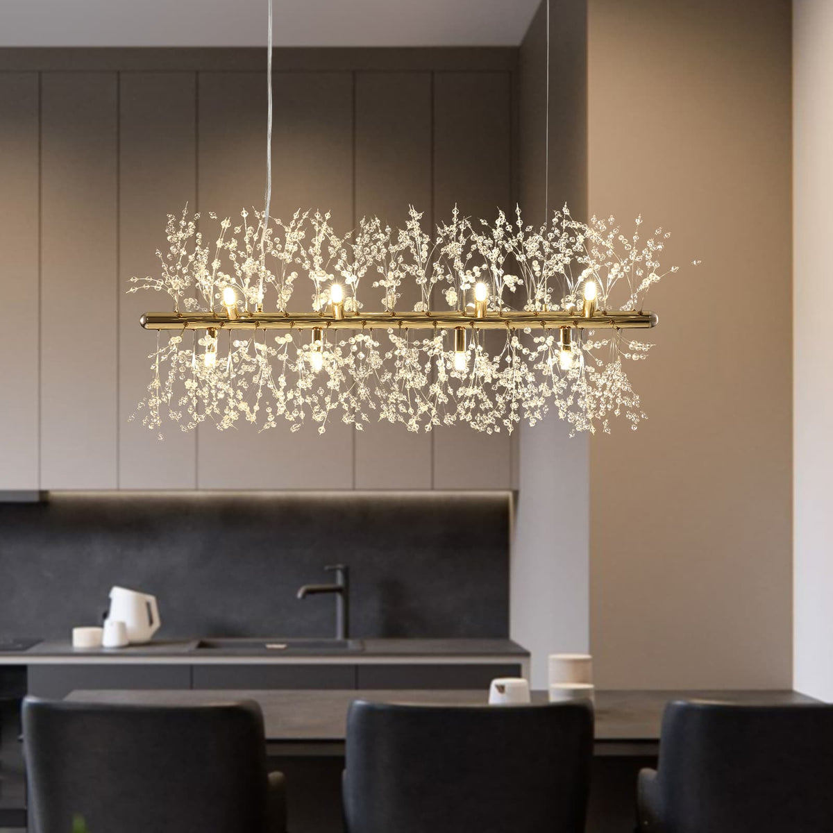 LightfixturesUAE-LED 9/12-Light Modern Dandelion Linear Chandelier-Chandeliers-Gold-9-Light
