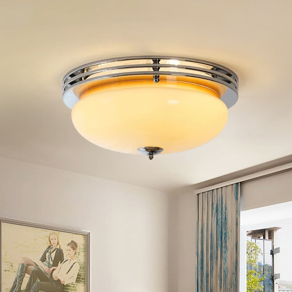 LightfixturesUAE-LED Three-Color Mid-Century Modern Beige Glass Round Bowl Flush Mount-Ceiling Lights-Beige-