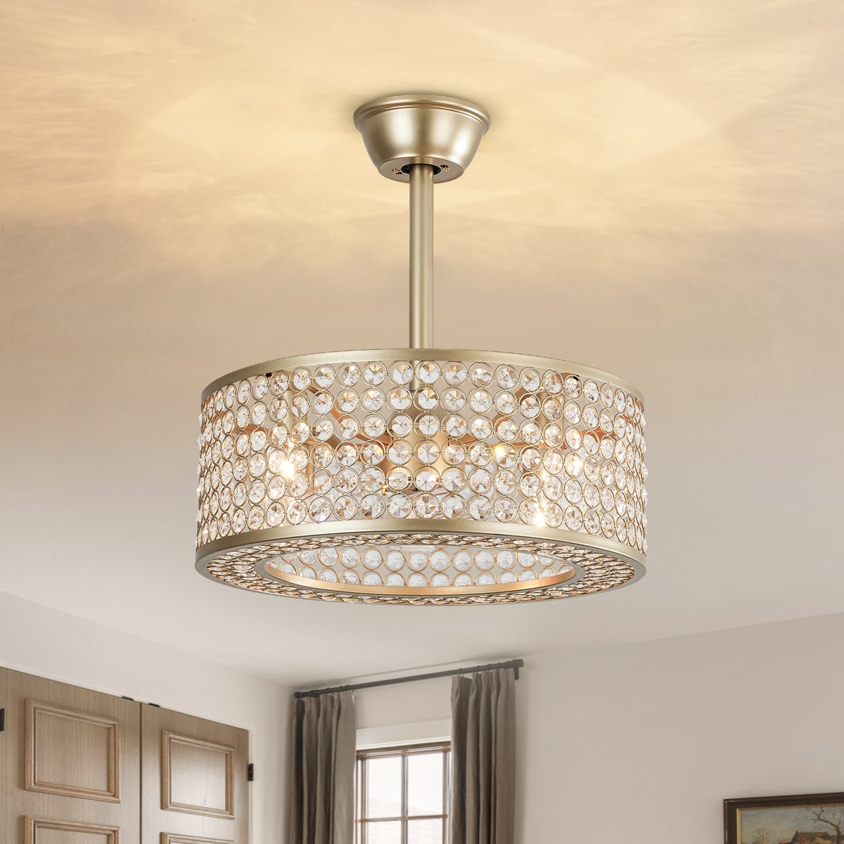 LightfixturesUAE-Luxury 4-Light Crystal Cage Drum Fan Ceiling Light-Ceiling Lights-Glod-
