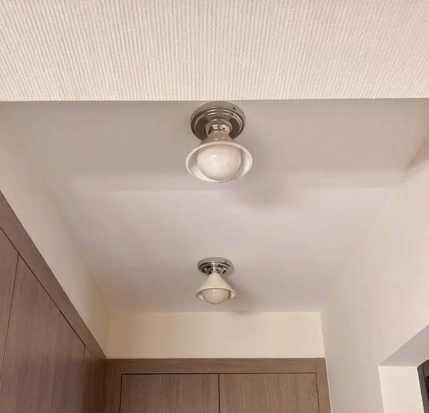 LightfixturesUAE-Mid-Century Modern Small Semi Flush Mount Light, Cream & Nickel Hallway Ceiling Lamp with Milky White Shade-Ceiling Lights-Silver-