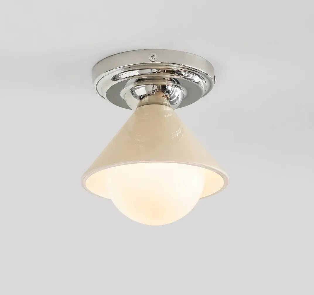 LightfixturesUAE-Mid-Century Modern Small Semi Flush Mount Light, Cream & Nickel Hallway Ceiling Lamp with Milky White Shade-Ceiling Lights-Silver-