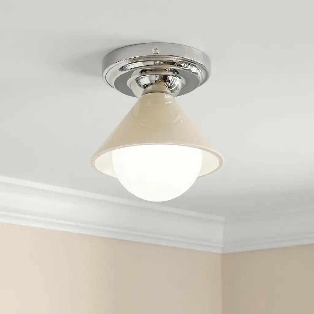 LightfixturesUAE-Mid-Century Modern Small Semi Flush Mount Light, Cream & Nickel Hallway Ceiling Lamp with Milky White Shade-Ceiling Lights-Silver-