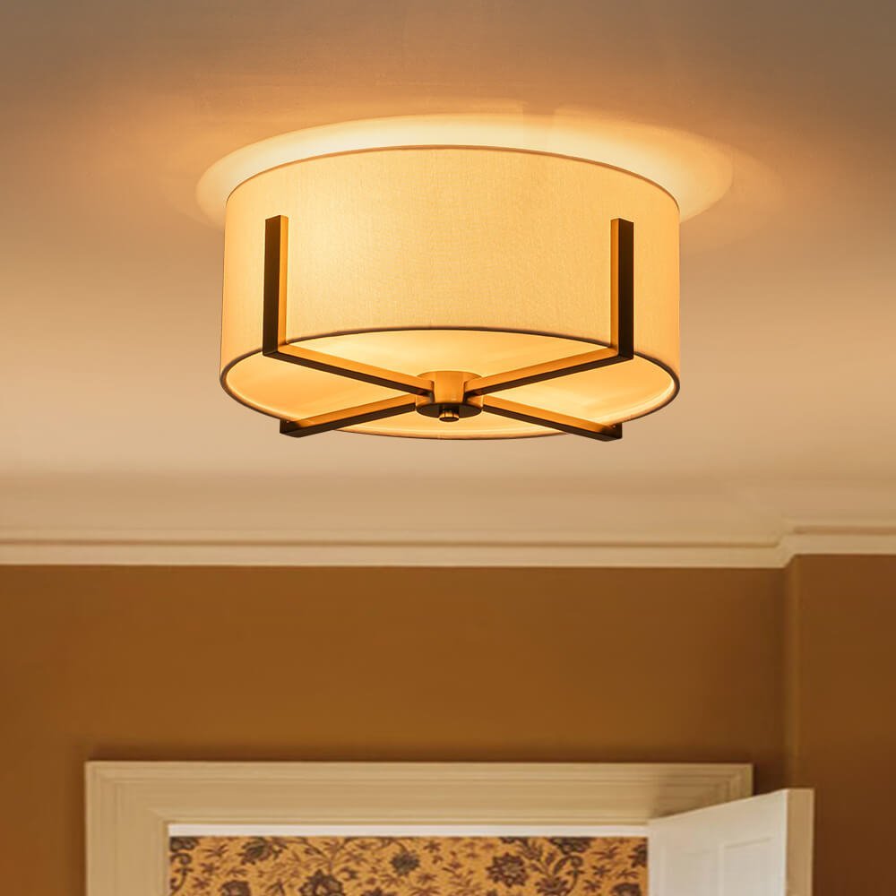 LightfixturesUAE-Modern 2-Light Fabric Lampshade Drum Semi Flush Ceiling Light-Ceiling Lights-Brass-