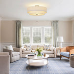 LightfixturesUAE-Modern Double Layer Concentric Linen Fabric Round Semi Flush Mount-Ceiling Lights-Brushed Nickel-
