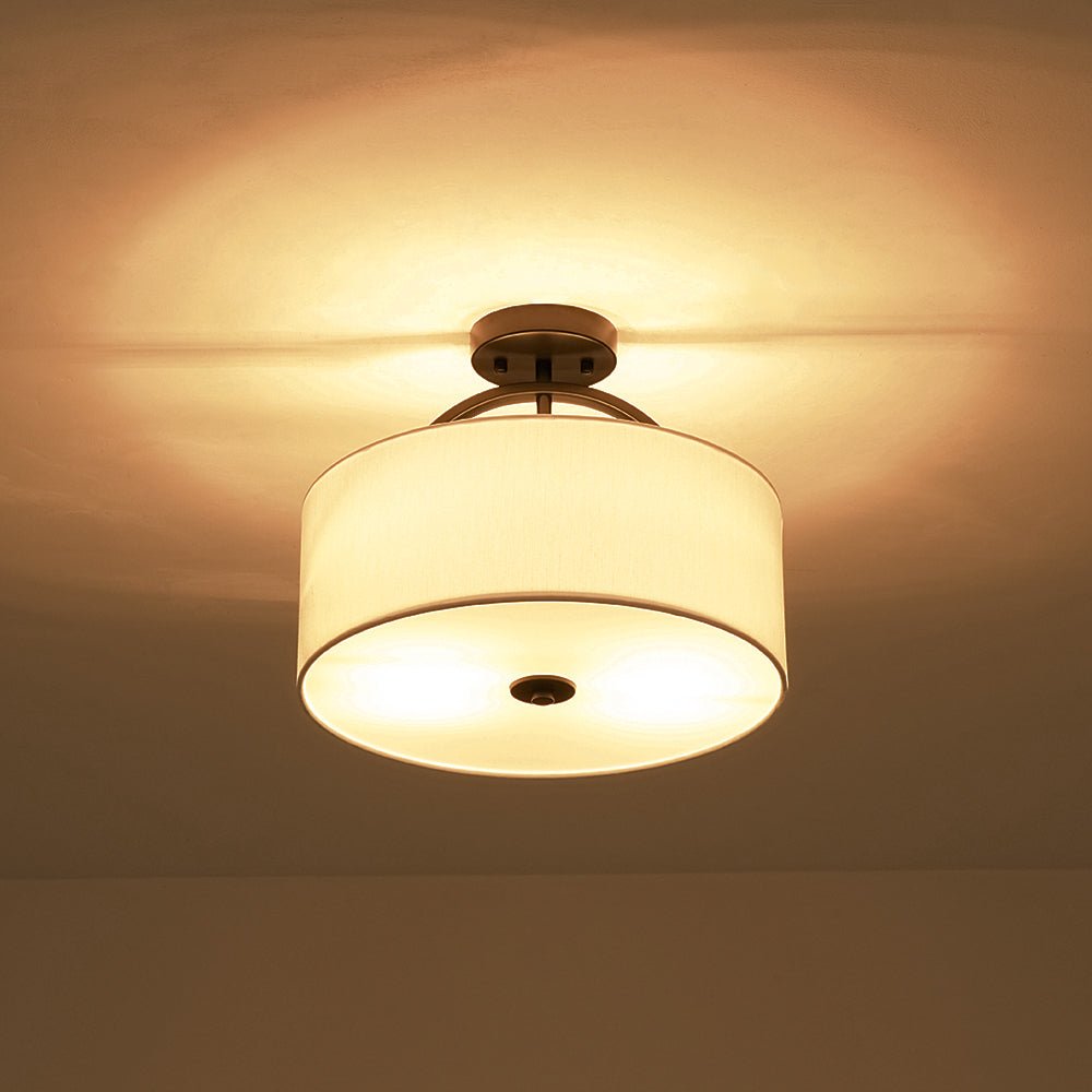 LightfixturesUAE-Nordic Minimalist 2-Light Round Drum White Fabric Ceiling Lamp-Ceiling Lights-Matte Black-