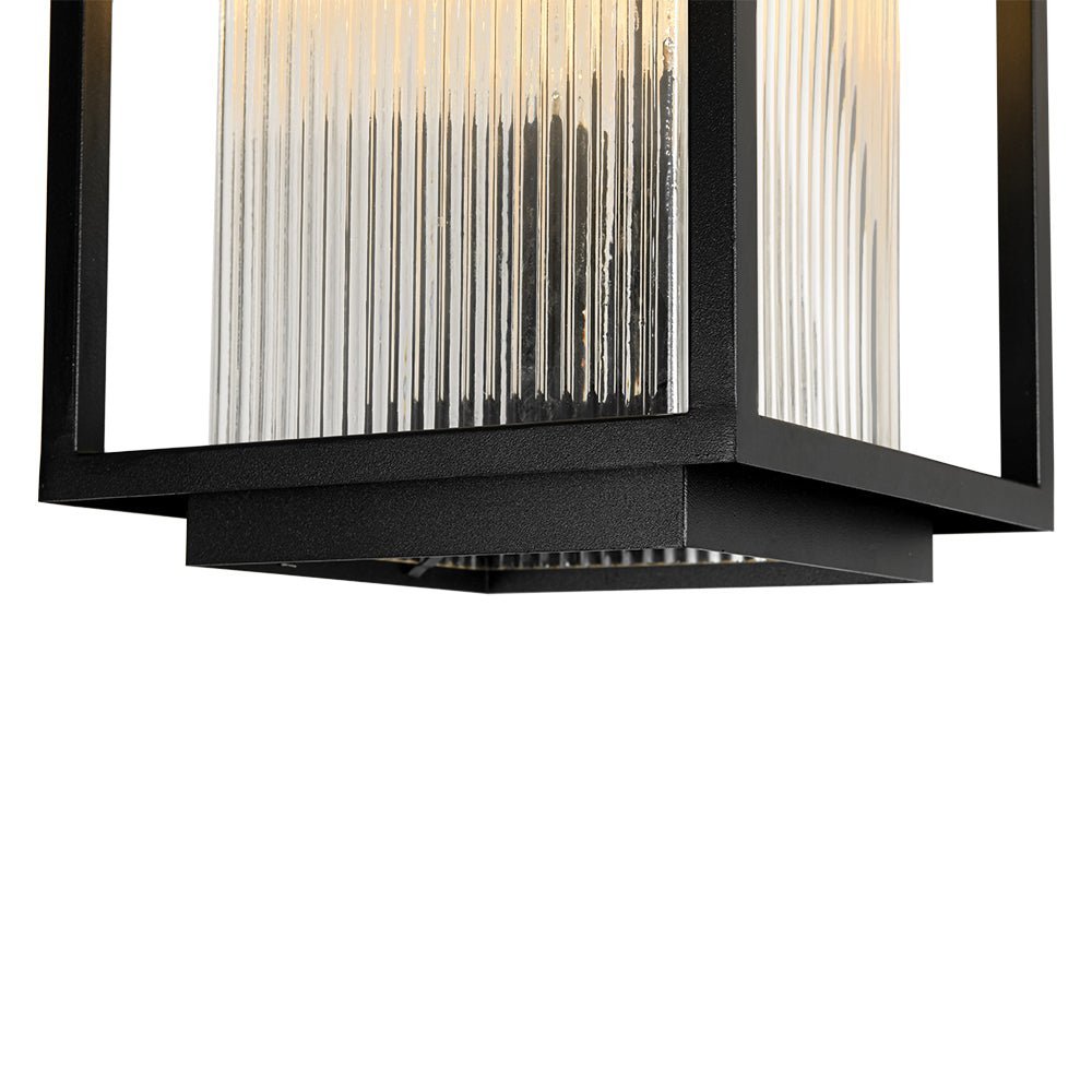 LightfixturesUAE-Outdoor Square Lantern Ribbed Clear Glass Wall Sconce with Auto Light Sensor-Wall Lights-Black-
