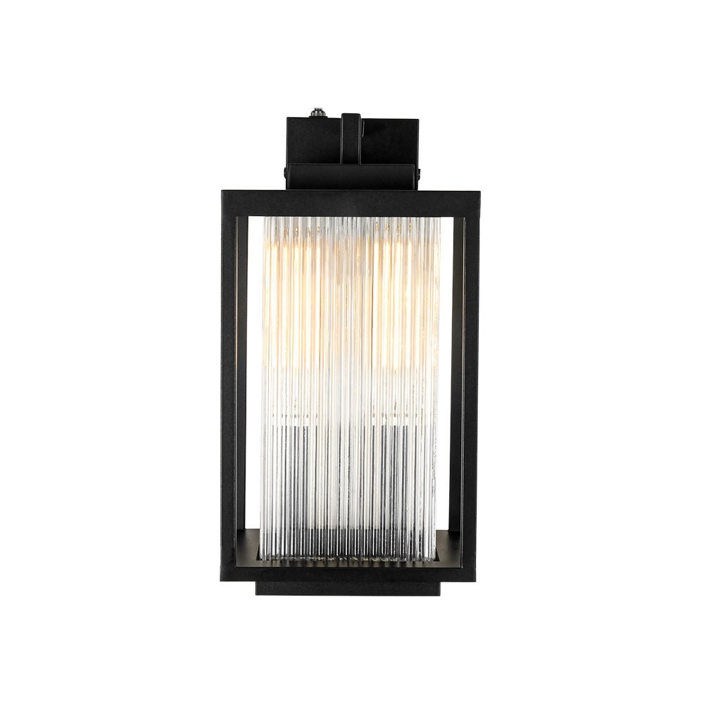 LightfixturesUAE-Outdoor Square Lantern Ribbed Clear Glass Wall Sconce with Auto Light Sensor-Wall Lights-Black-