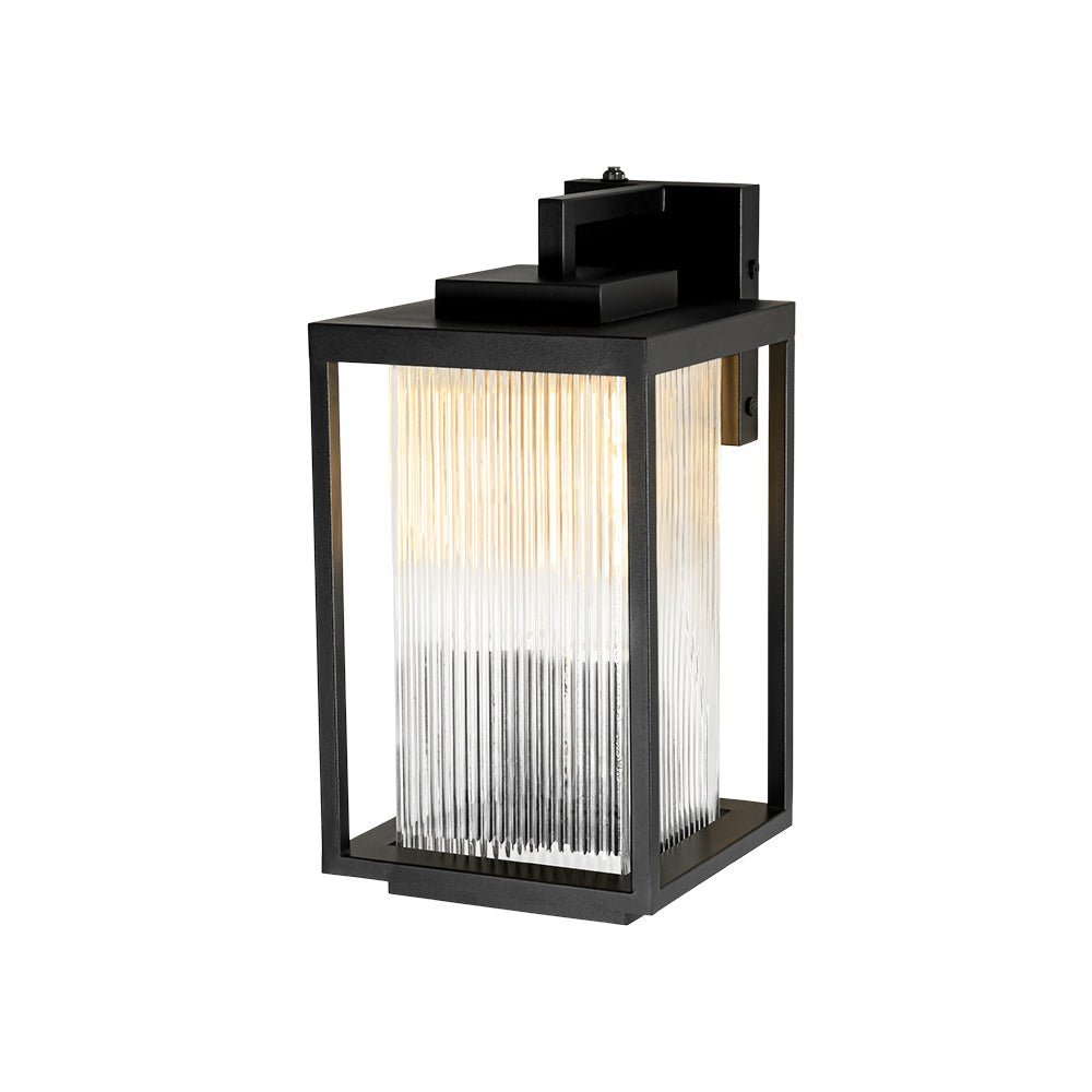 LightfixturesUAE-Outdoor Square Lantern Ribbed Clear Glass Wall Sconce with Auto Light Sensor-Wall Lights-Black-