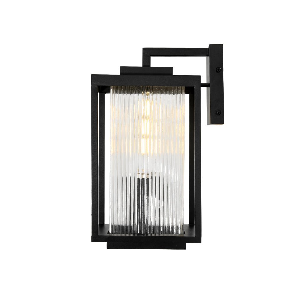 LightfixturesUAE-Outdoor Square Lantern Ribbed Clear Glass Wall Sconce with Auto Light Sensor-Wall Lights-Black-