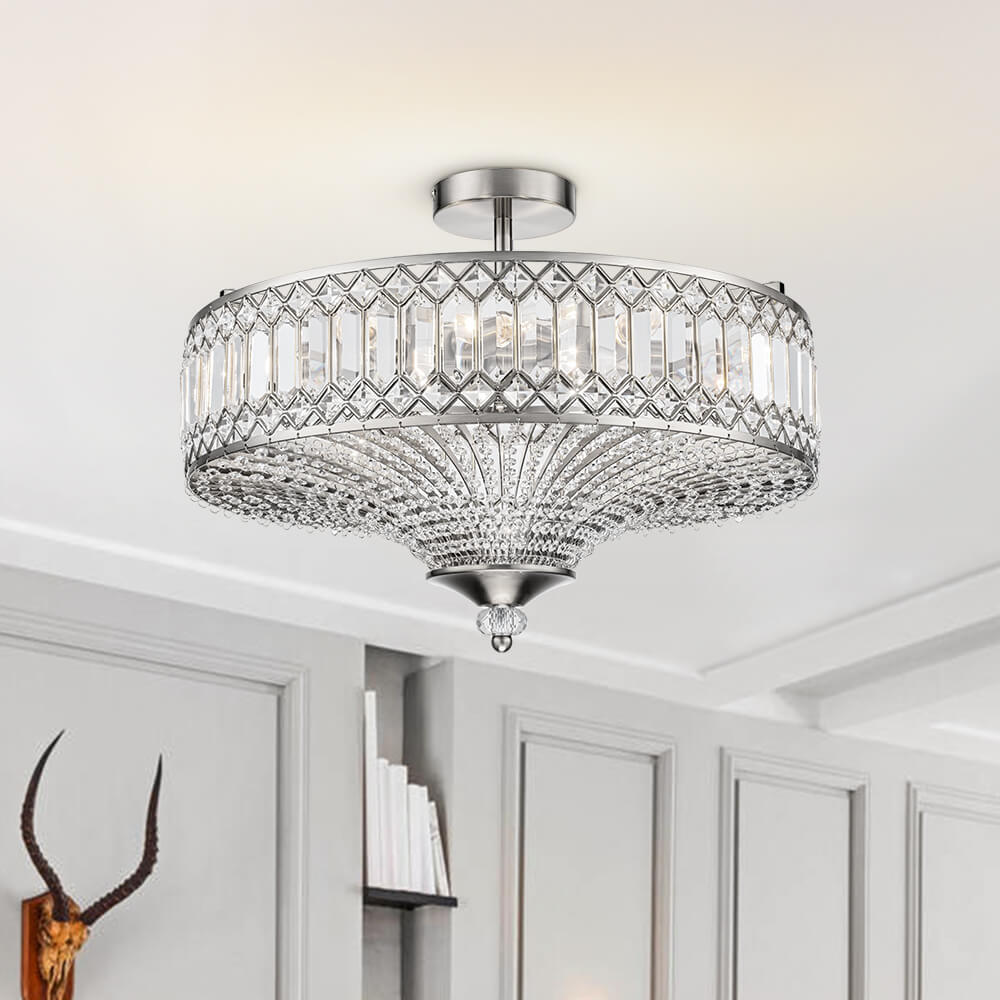 Luxury 6 - Light Drum Crystal Semi - Flush Mount Ceiling Light - LightfixturesUAE