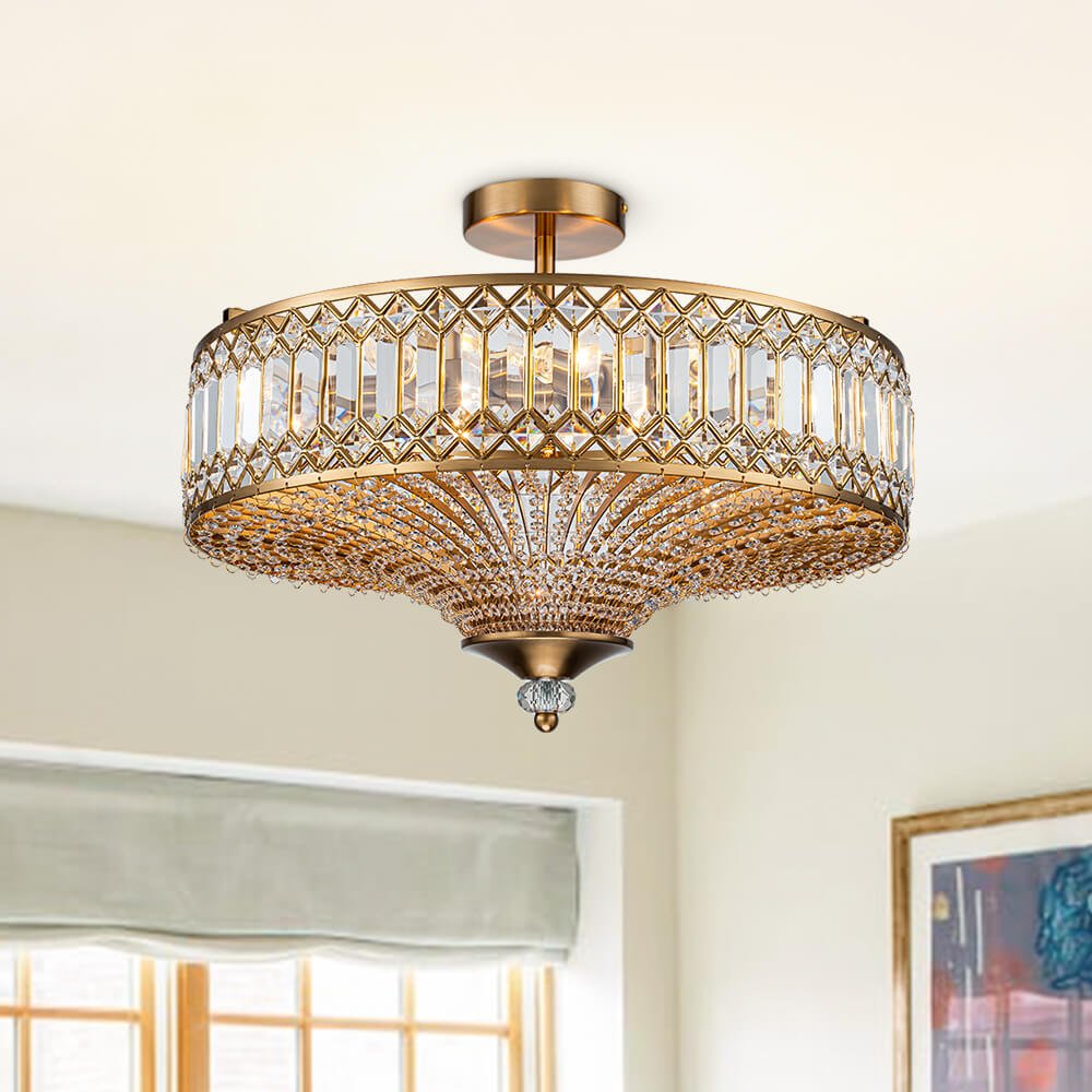 Luxury 6 - Light Drum Crystal Semi - Flush Mount Ceiling Light - LightfixturesUAE