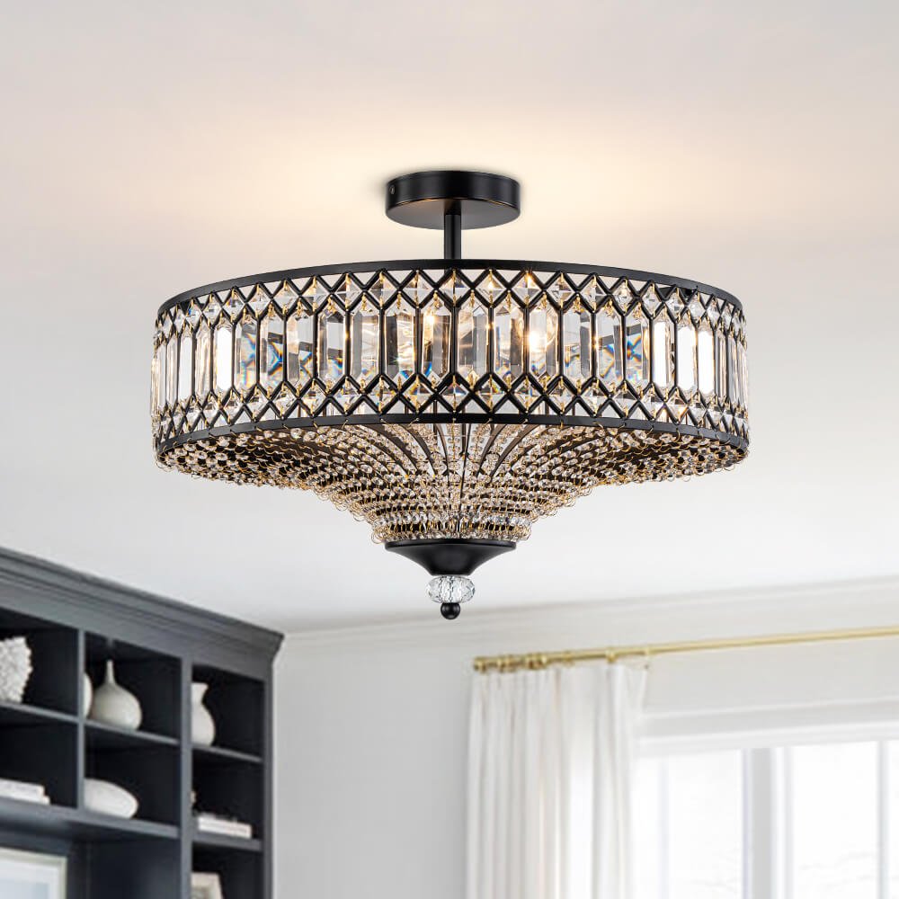 Luxury 6 - Light Drum Crystal Semi - Flush Mount Ceiling Light - LightfixturesUAE