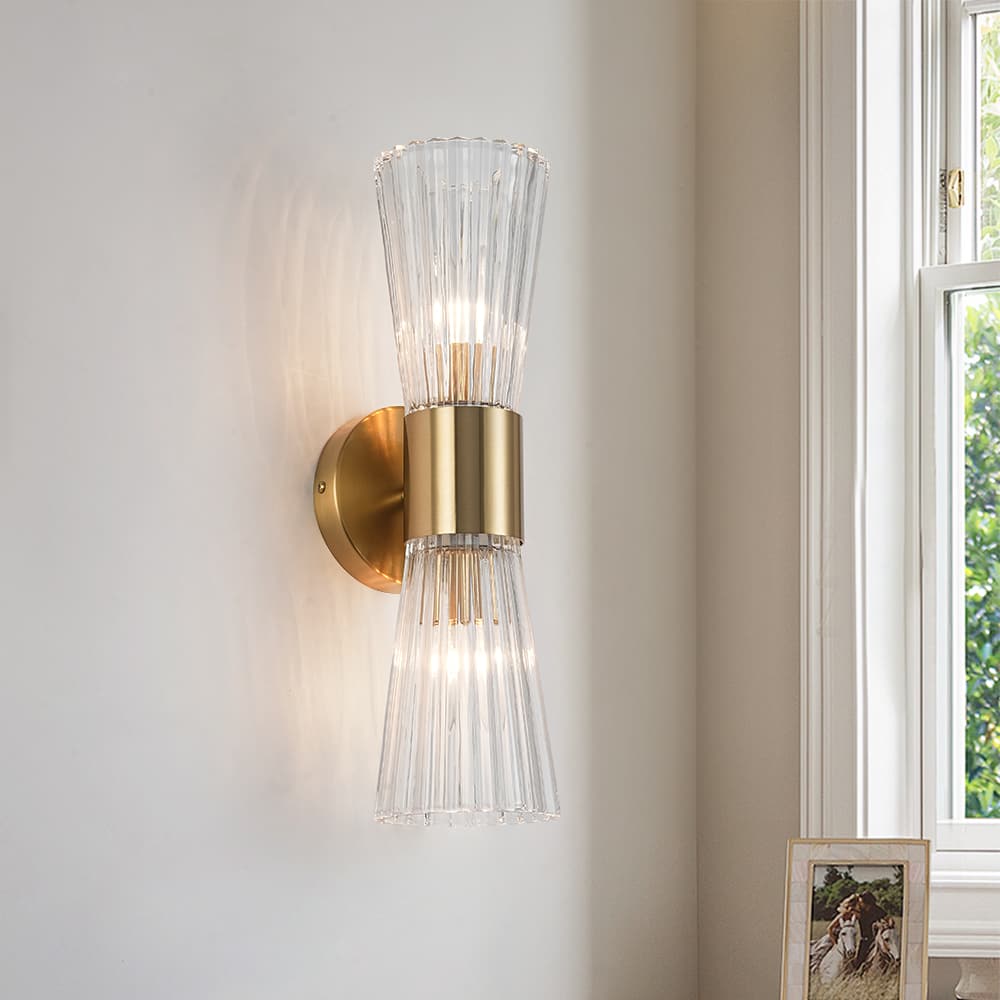 Luxury Minimalist 2 - Light Clear Ribbed Glass Double - Conical Wall Sconce - LightfixturesUAE