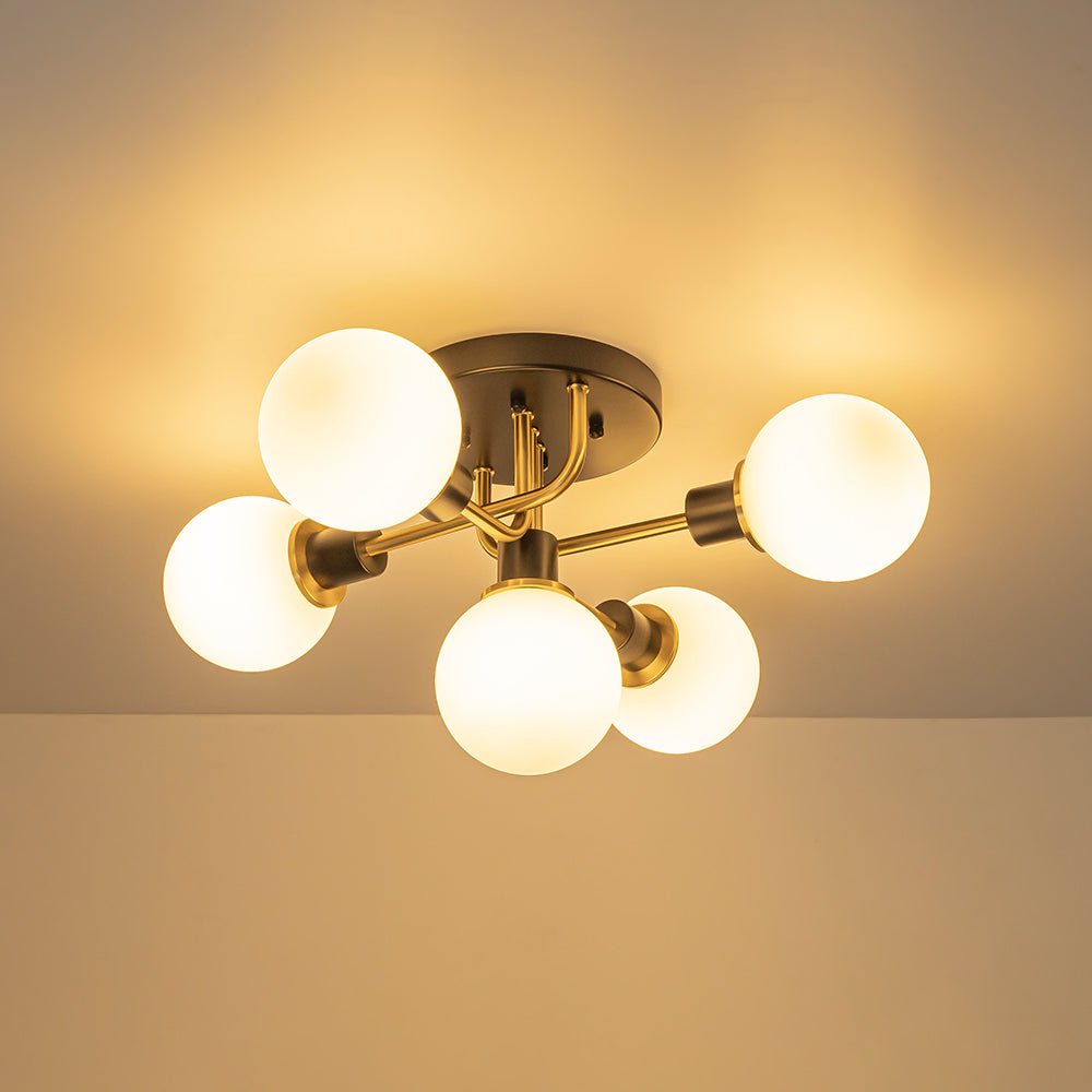 Mid Century Modern 5 - Light Milk Glass Globe Two - Toned Ceiling Light - LightfixturesUAE