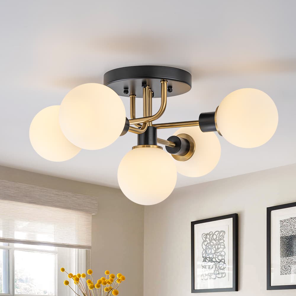 Mid Century Modern 5 - Light Milk Glass Globe Two - Toned Ceiling Light - LightfixturesUAE