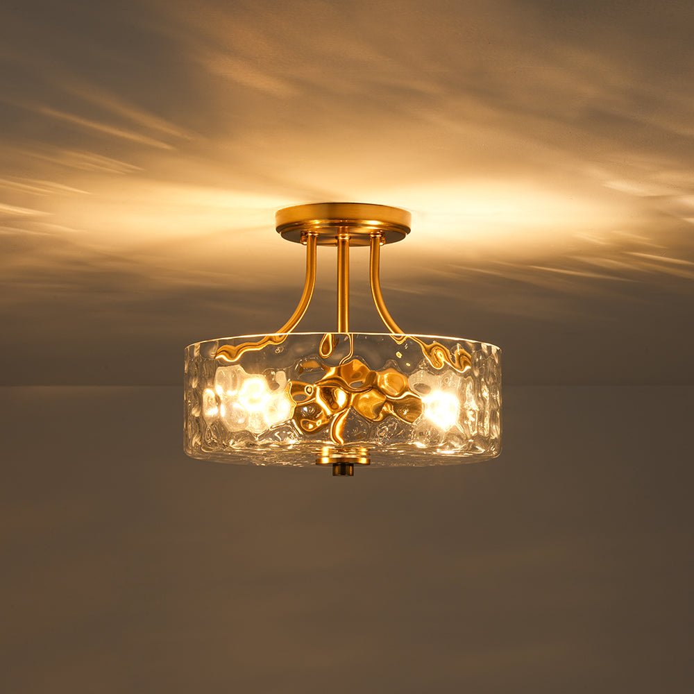 Modern 2 - Light Water Rippled Glass Drum Semi - Flush Mount Ceiling Light - LightfixturesUAE