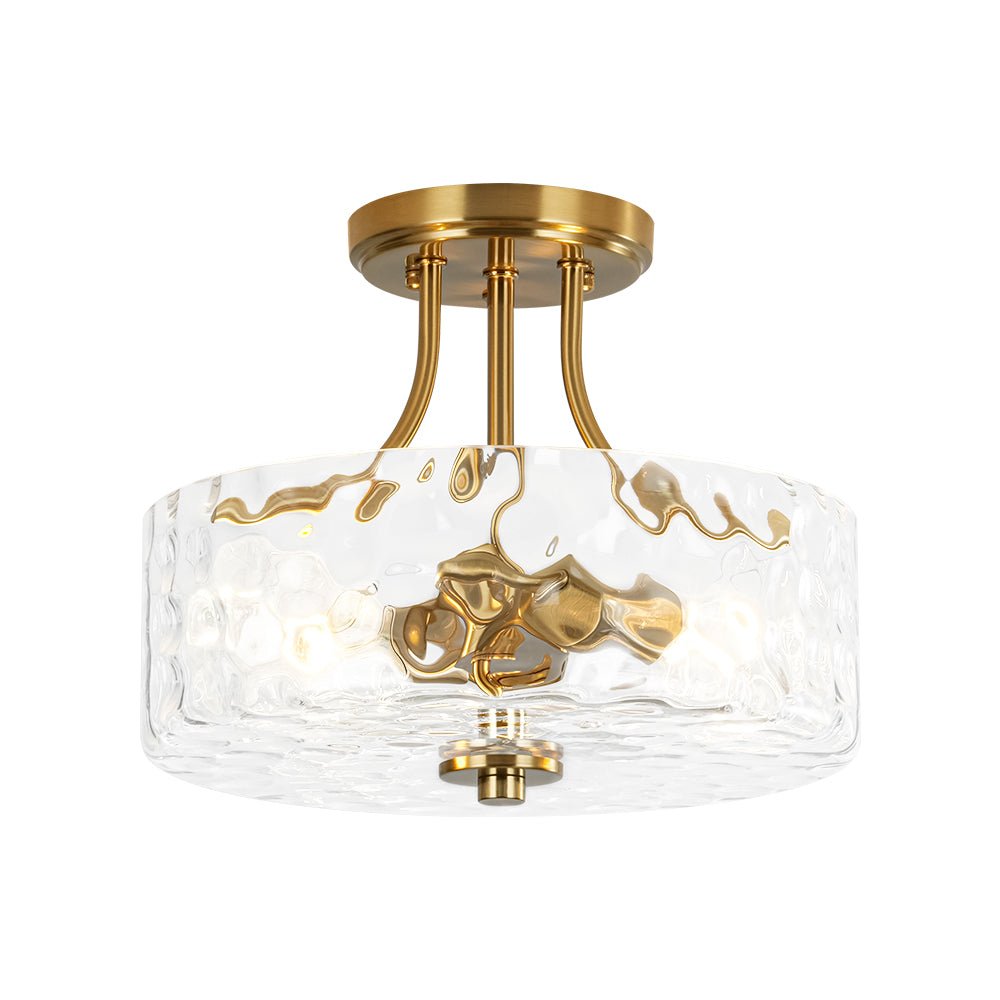 Modern 2 - Light Water Rippled Glass Drum Semi - Flush Mount Ceiling Light - LightfixturesUAE
