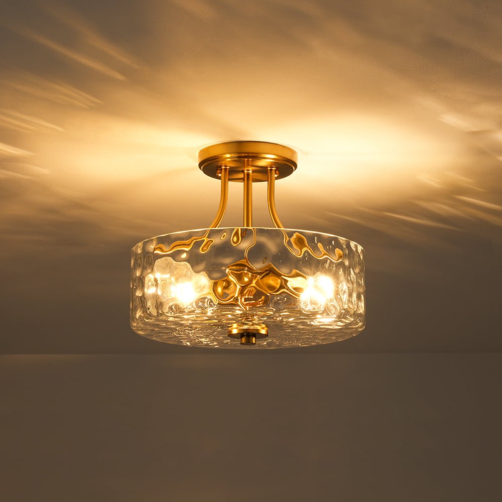 Modern 2 - Light Water Rippled Glass Drum Semi - Flush Mount Ceiling Light - LightfixturesUAE