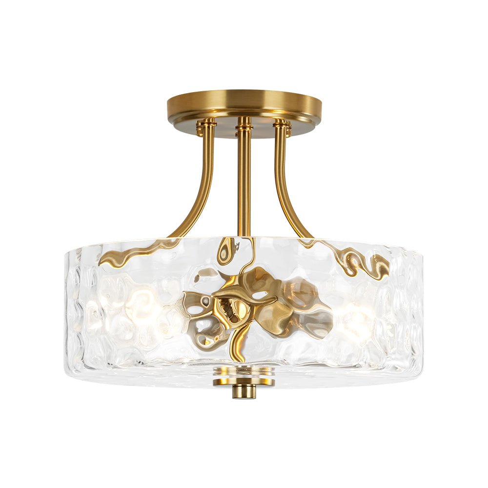 Modern 2 - Light Water Rippled Glass Drum Semi - Flush Mount Ceiling Light - LightfixturesUAE