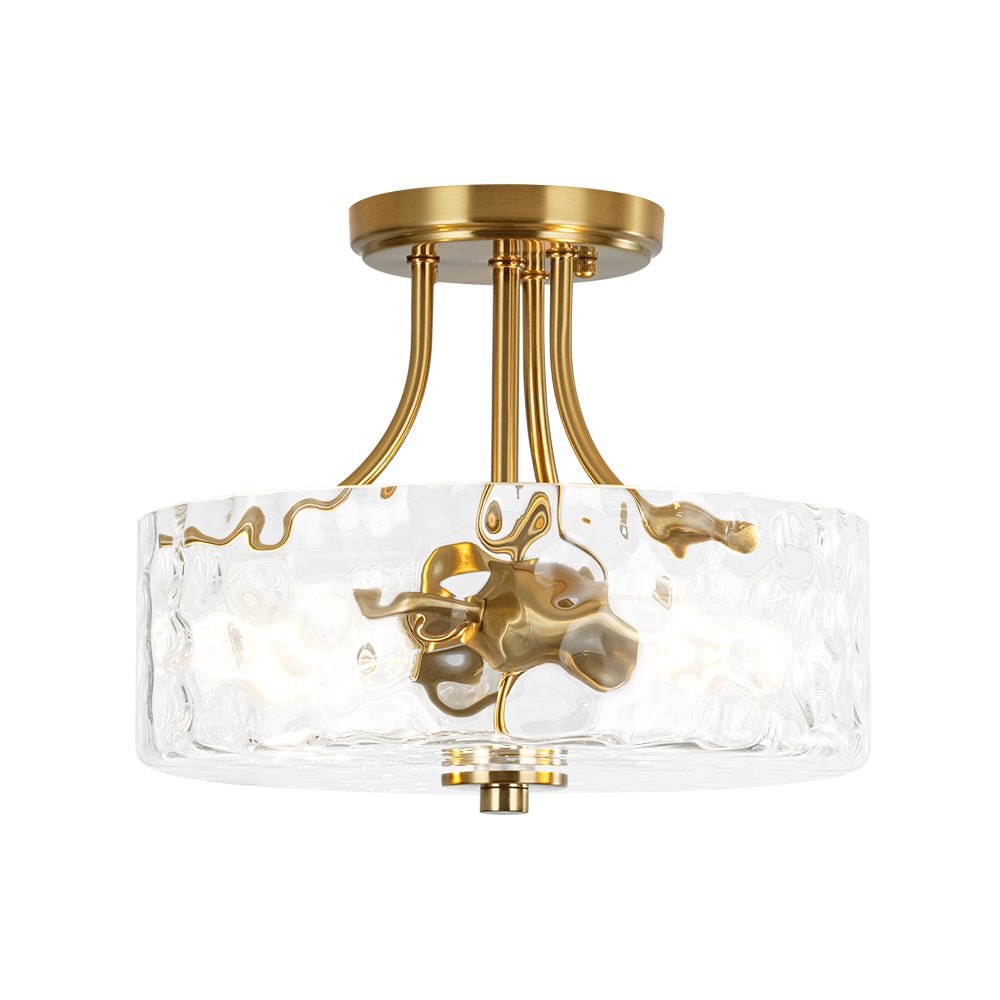 Modern 2 - Light Water Rippled Glass Drum Semi - Flush Mount Ceiling Light - LightfixturesUAE