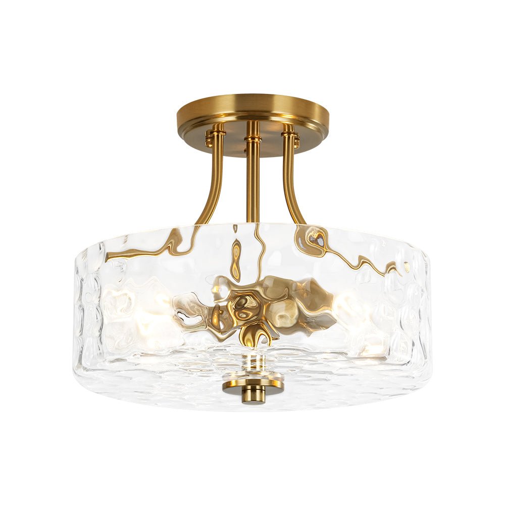 Modern 2 - Light Water Rippled Glass Drum Semi - Flush Mount Ceiling Light - LightfixturesUAE
