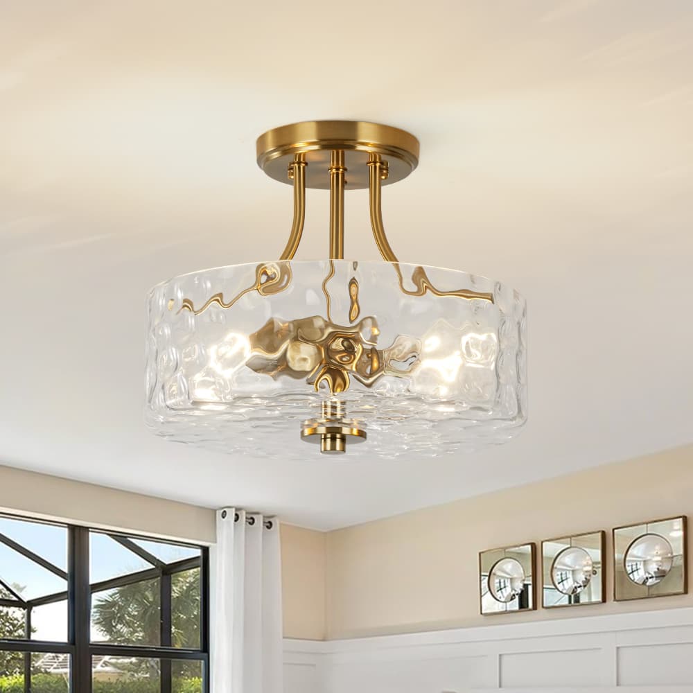 Modern 2 - Light Water Rippled Glass Drum Semi - Flush Mount Ceiling Light - LightfixturesUAE