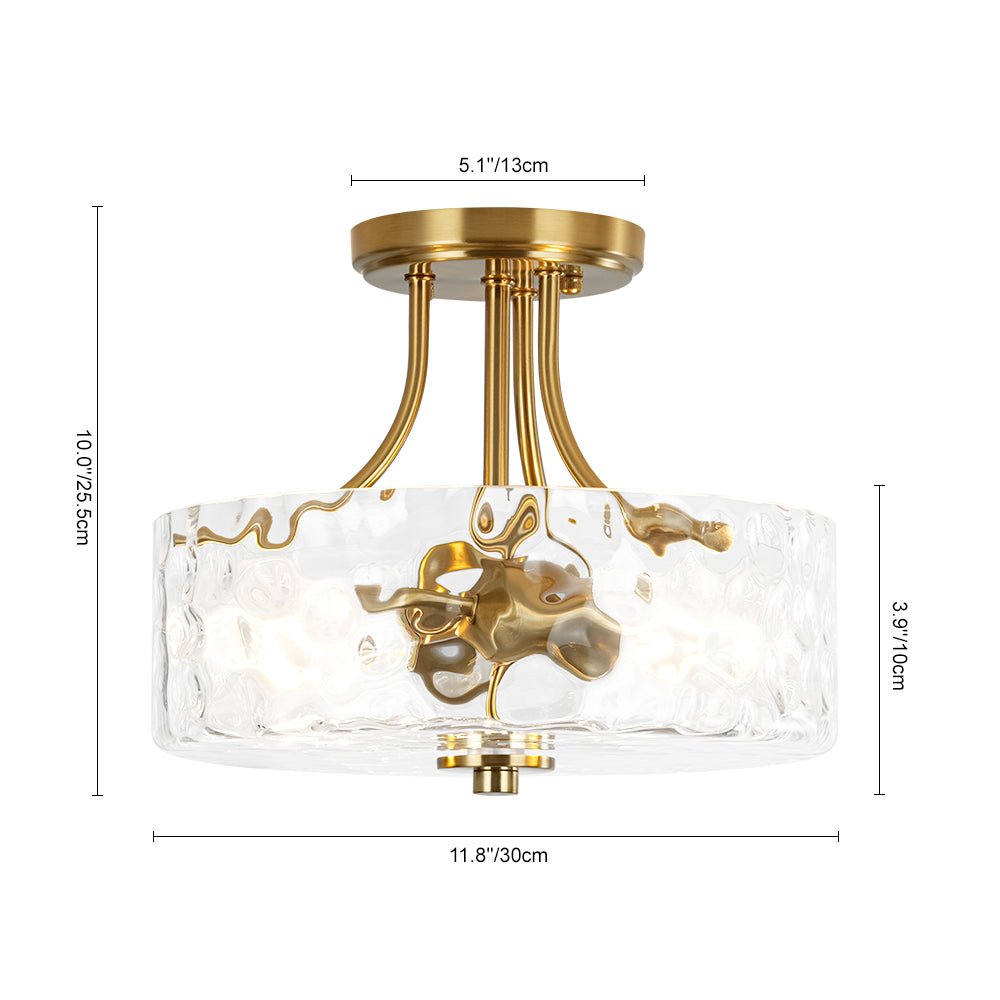 Modern 2 - Light Water Rippled Glass Drum Semi - Flush Mount Ceiling Light - LightfixturesUAE