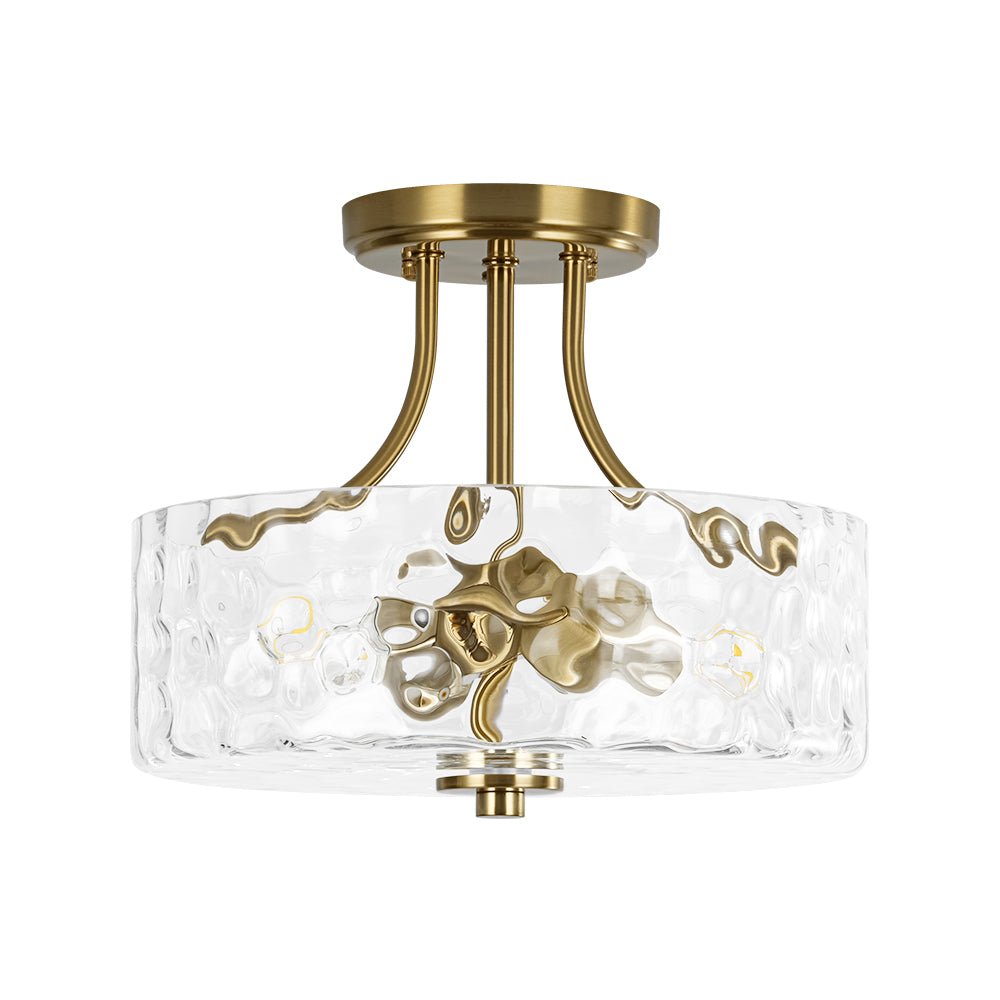 Modern 2 - Light Water Rippled Glass Drum Semi - Flush Mount Ceiling Light - LightfixturesUAE