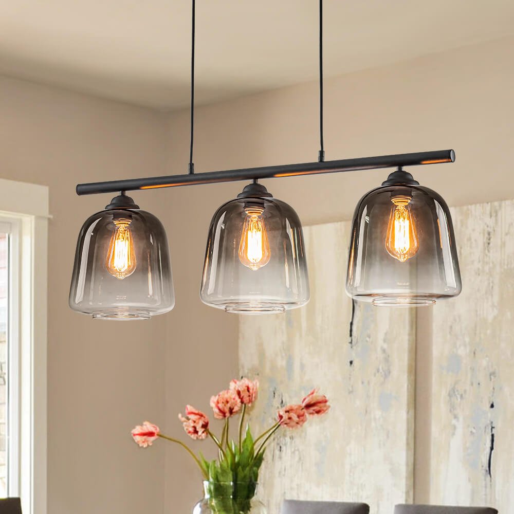 Modern 3 - Light Bell Gradient Grey Glass Linear Island Chandelier - LightfixturesUAE