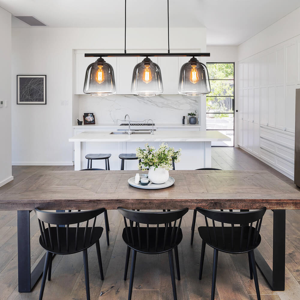 Modern 3 - Light Bell Gradient Grey Glass Linear Island Chandelier - LightfixturesUAE