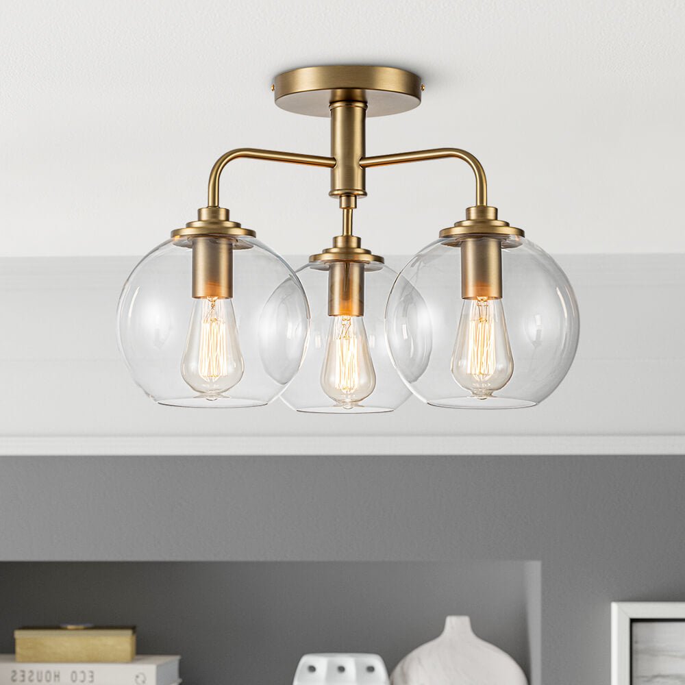 Modern 3 - Light Clear Glass Globe Semi - Flush Mount - LightfixturesUAE