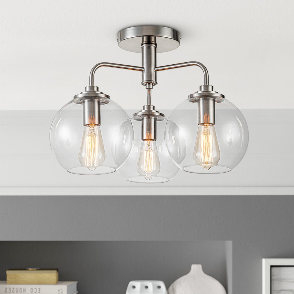 Modern 3 - Light Clear Glass Globe Semi - Flush Mount - LightfixturesUAE
