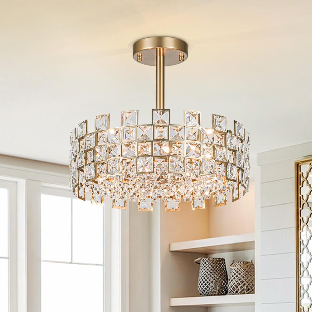 Modern 4 - Light Hollow Design Drum Crystal Semi - Flush Mount Ceiling Light - LightfixturesUAE