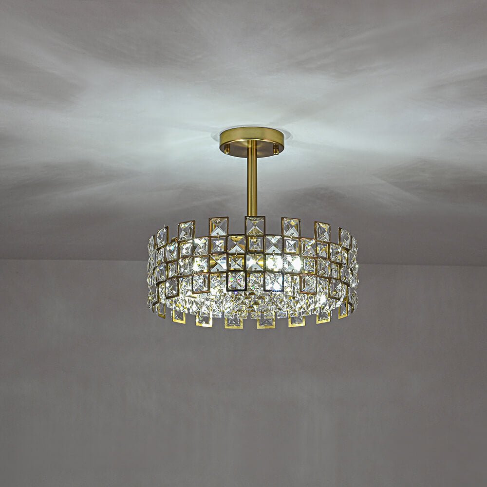 Modern 4 - Light Hollow Design Drum Crystal Semi - Flush Mount Ceiling Light - LightfixturesUAE