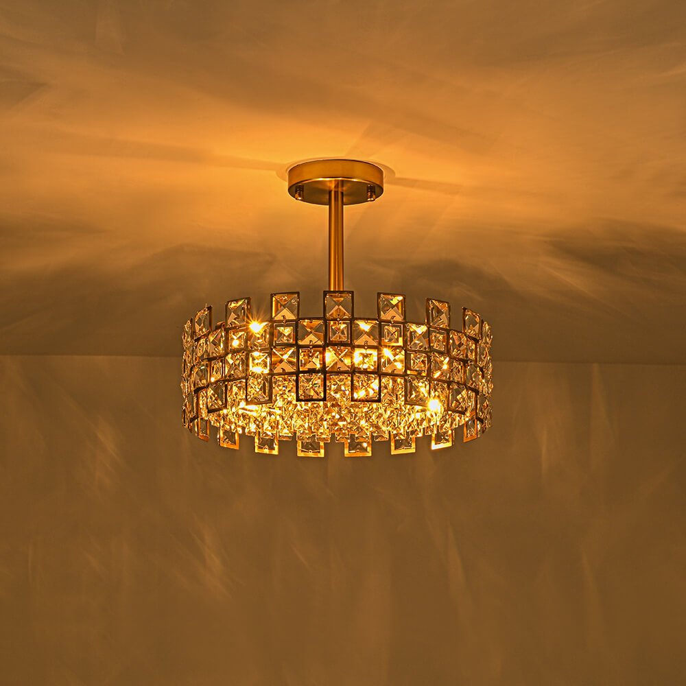 Modern 4 - Light Hollow Design Drum Crystal Semi - Flush Mount Ceiling Light - LightfixturesUAE
