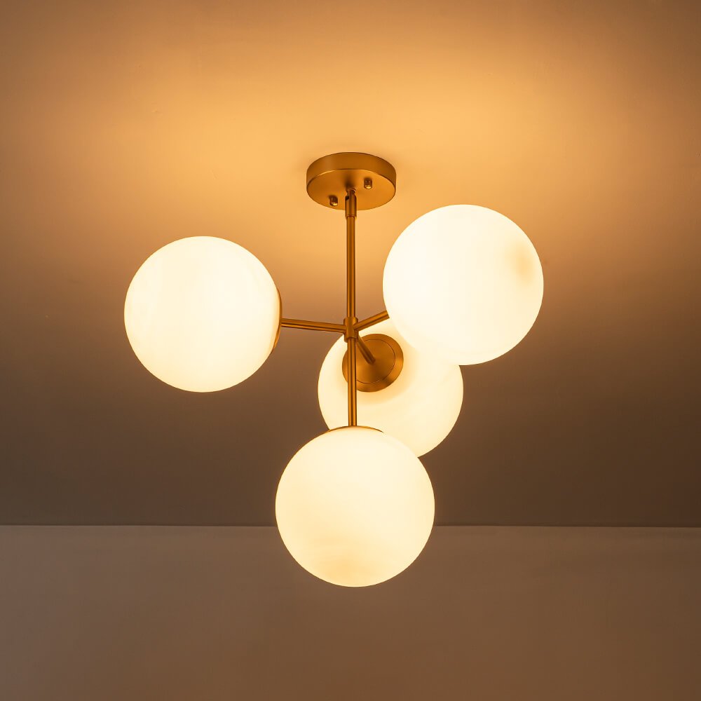 Modern 4 - Light Opal Glass Globe Semi Flush Chandelier - LightfixturesUAE