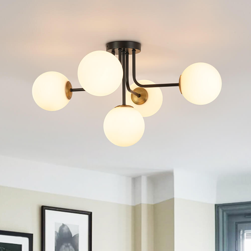 Modern 5 - Light Frosted White Glass Globe Sputnik Semi - Flush Mount - LightfixturesUAE