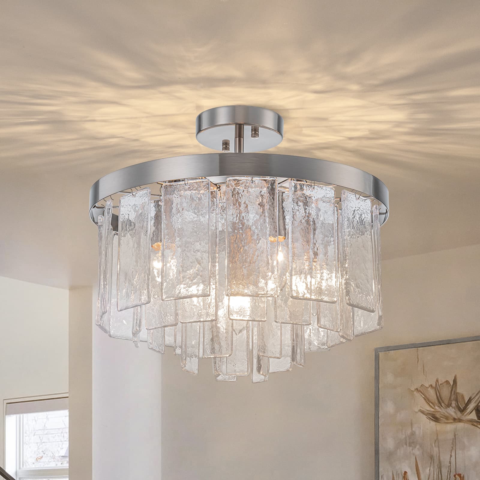 Modern 5 - Light Ice - Patterned Rectangular Glass Round Convertible Design Chandelier - LightfixturesUAE