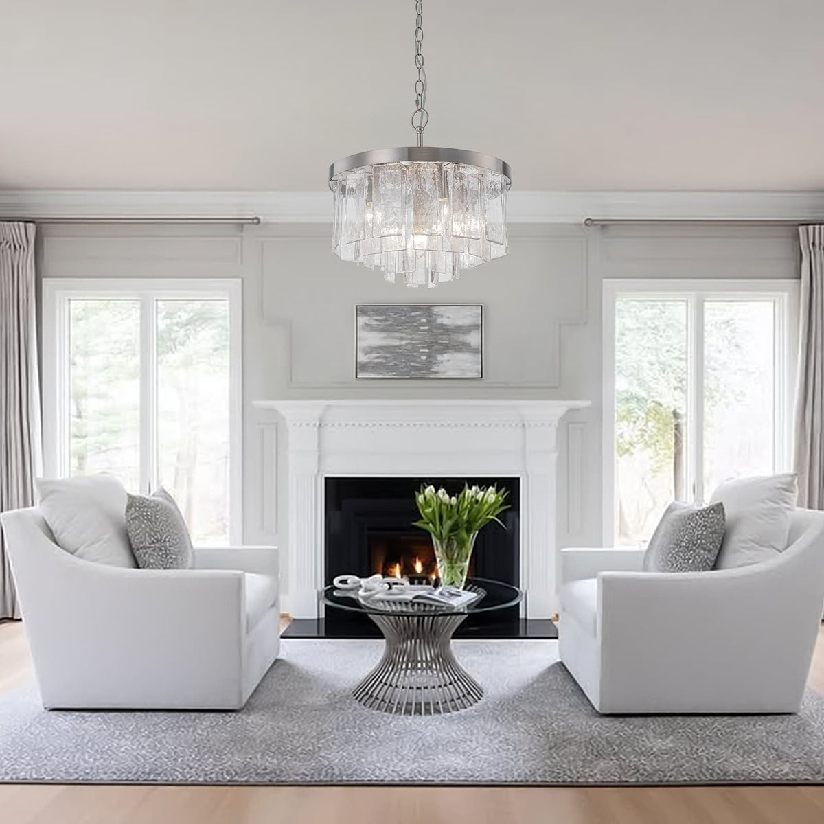 Modern 5 - Light Ice - Patterned Rectangular Glass Round Convertible Design Chandelier - LightfixturesUAE