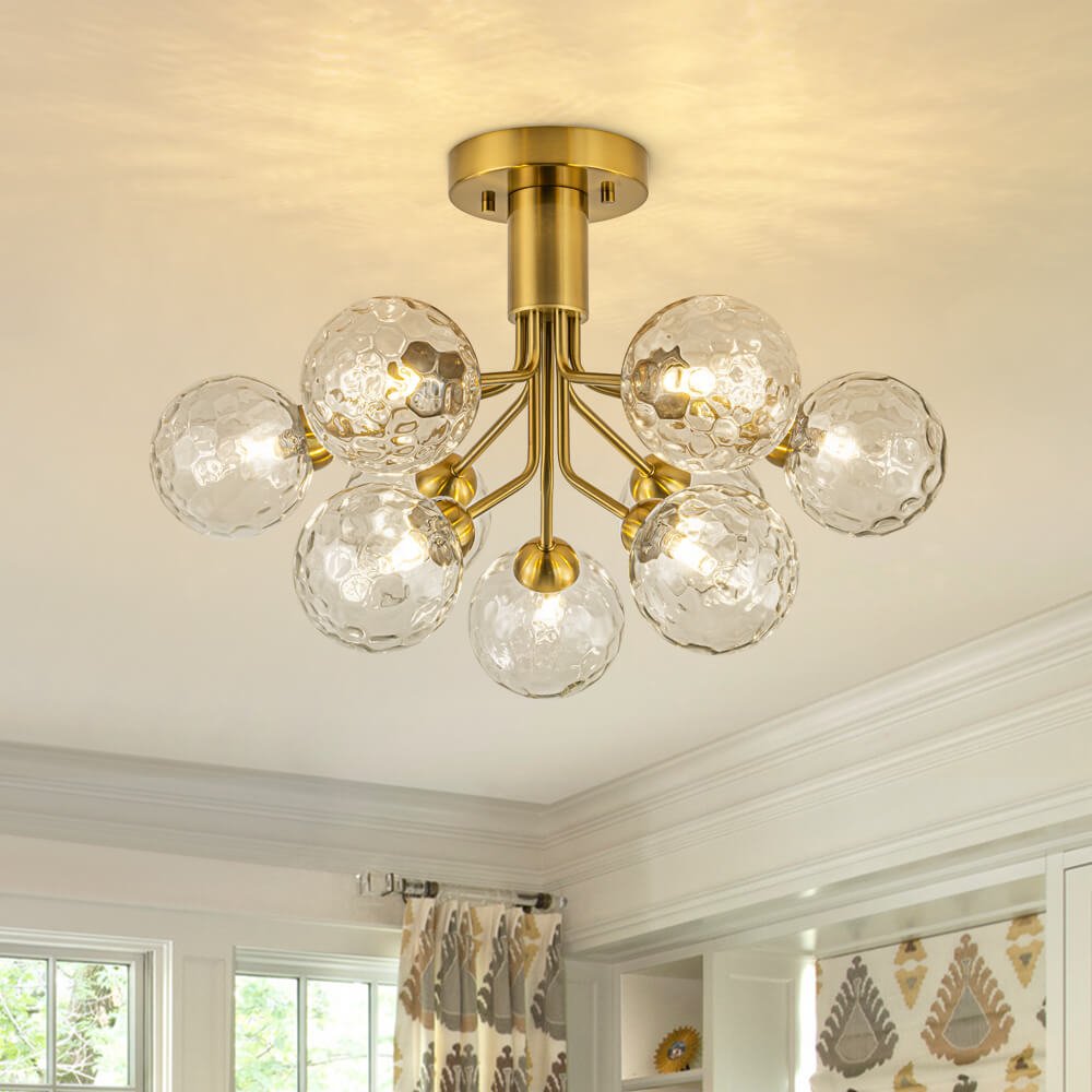 Modern 9 - Light Water Pattern Glass Sputnik Semi - Flush Mount - LightfixturesUAE